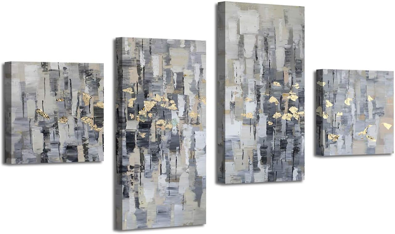 ARTISTIC PATH Lienzo abstracto para la pared obra de arte gris, pintura dorada para sala de estar, oficina (total 64 pulgadas de ancho x 39 pulgadas