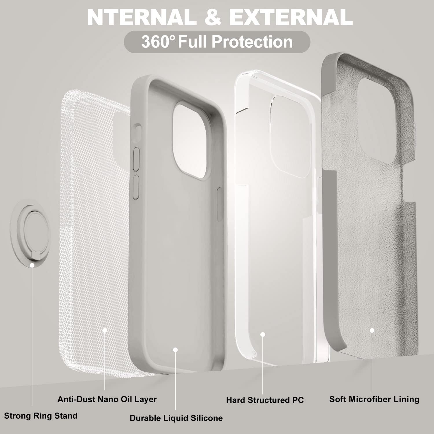 MOCCA Funda compatible con iPhone 14 Plus con soporte de anillo, silicona líquida, forro de microfibra, funda protectora antiarañazos de cuerpo