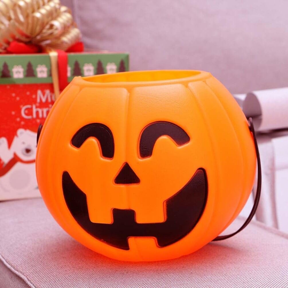 Abaodam Cubo de calabaza de Halloween portátil para dulce o truco, cubo de almacenamiento de caramelos Jack O Lantern, cubo de plástico para dulces