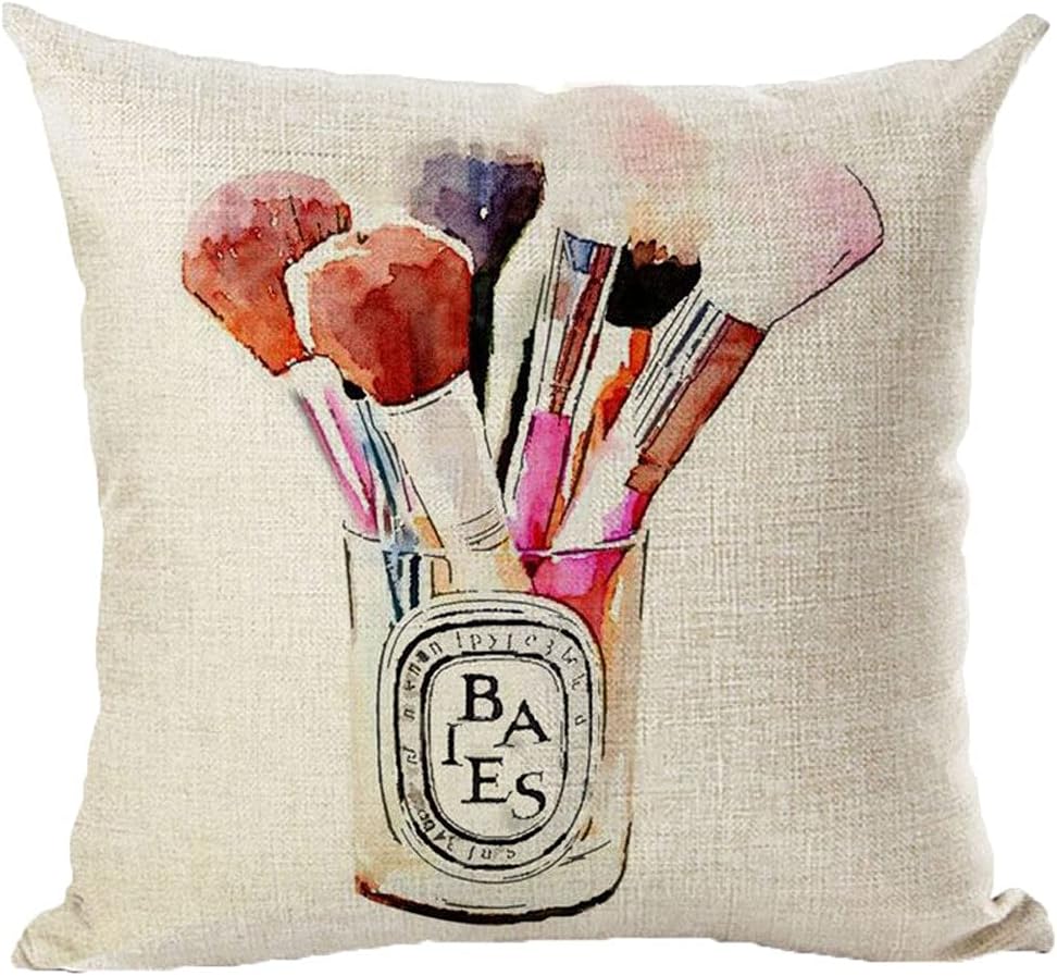 Unkyoo Juego de 4 fundas de almohada decorativas para maquillaje y esmalte de uñas de algodón y lino con patrón de lápiz labial, funda de almohada