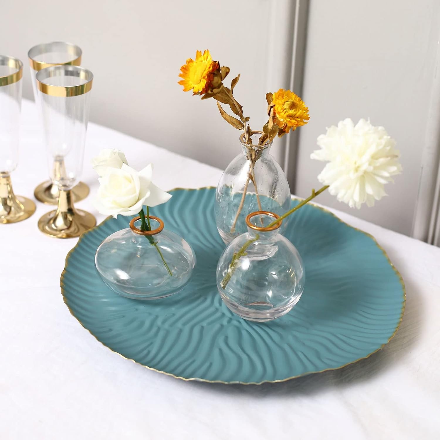 Efavormart – Bandeja de metal para servir postres de 12 pulgadas, color azul polvoriento, con patas onduladas, pedestal para tartas de boda,