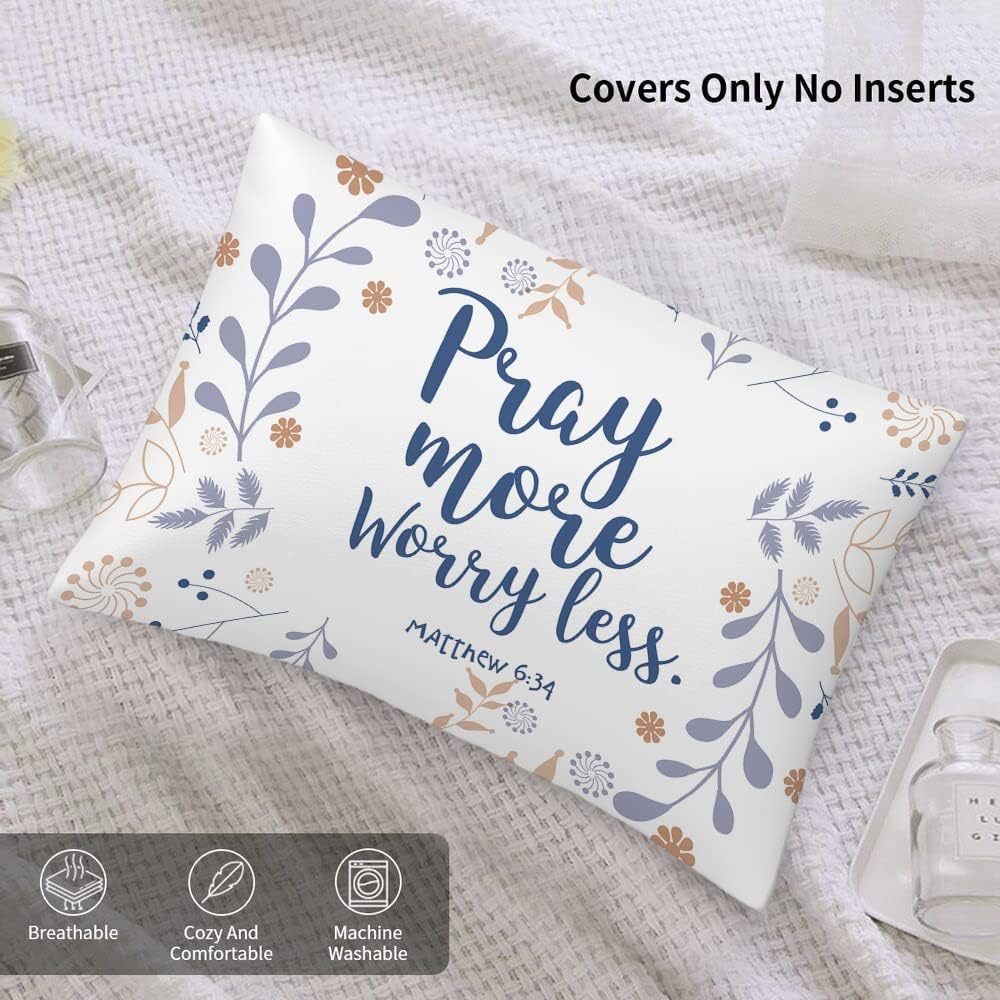 Funda de almohada rectangular con cita bíblica con diseño floral de Pascua, con frase en inglés “Pray More Worry Mens”, funda de cojín rectangular