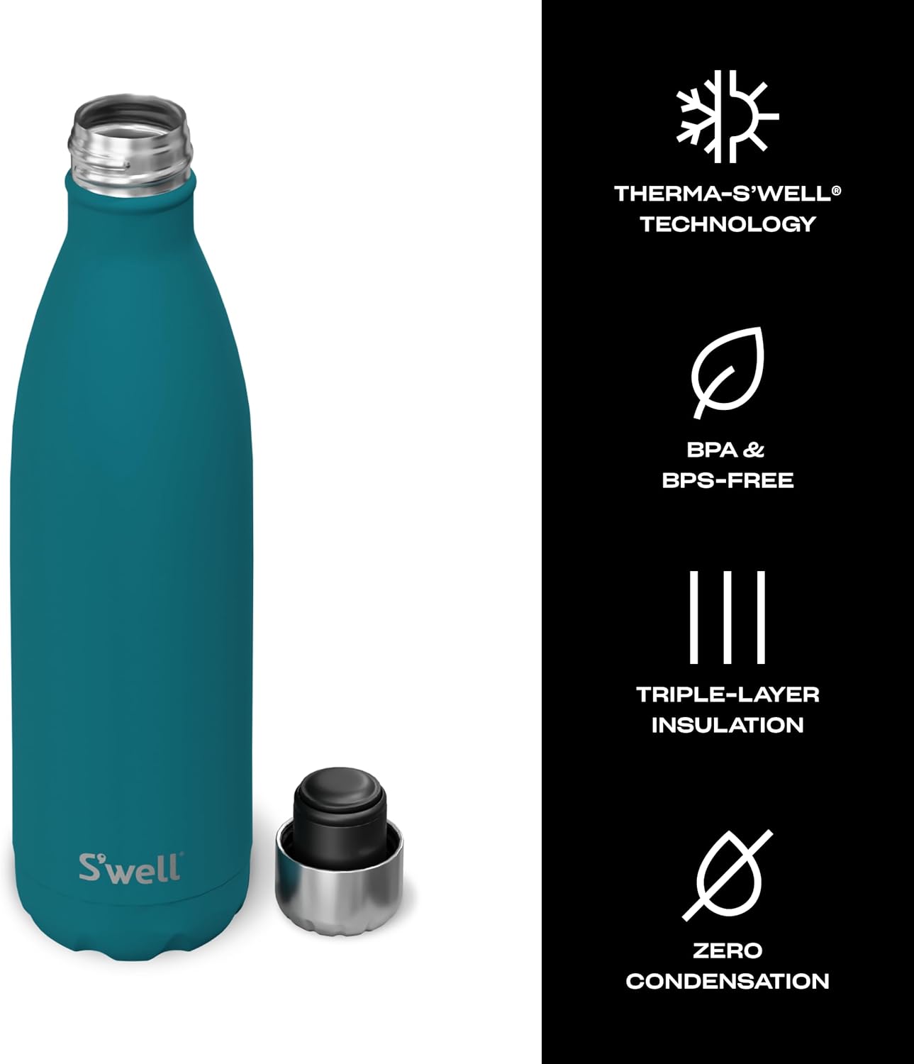 S’well Botella de agua de acero inoxidable, 25 onzas, azul pavo real, recipientes aislados al vacío de triple capa que mantiene las bebidas frías
