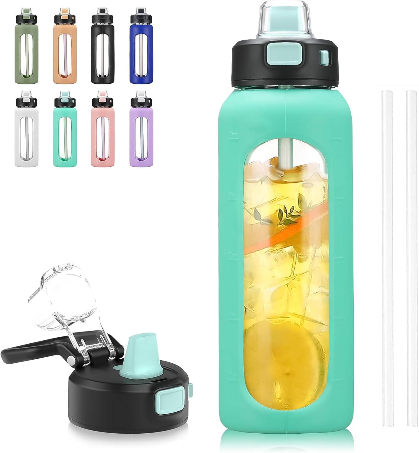 BLUEGO Botella de agua de vidrio de 32 onzas con pajilla, botellas de agua motivacionales con marcador de tiempo y funda de silicona, botella de