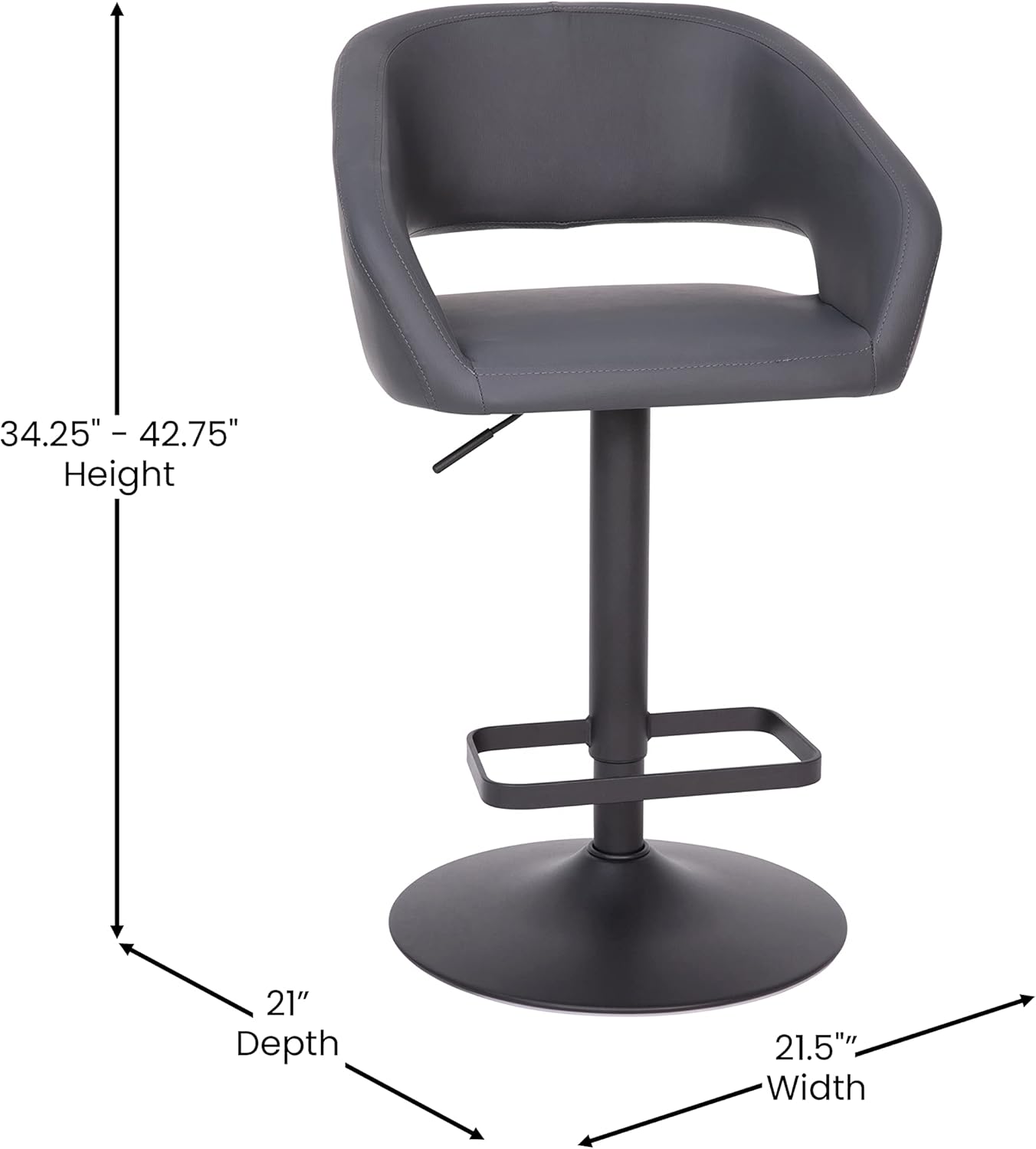 BizChair Taburete de bar de altura ajustable de tela gris contemporánea con respaldo medio redondeado y base negra