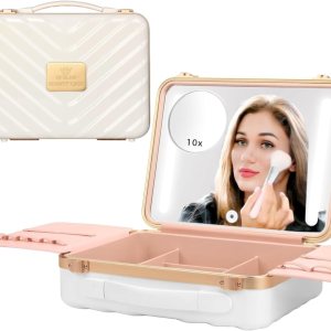 NJ GLAM Estuche de maquillaje con espejo iluminado recargable con almacenamiento inteligente, espejo de tres modos de luz, Blanco, Moderno y elegante NJ GLAM Estuche de maquillaje con espejo iluminado recargable con almacenamiento inteligente, espejo de tres modos de luz, Blanco, Moderno y elegante