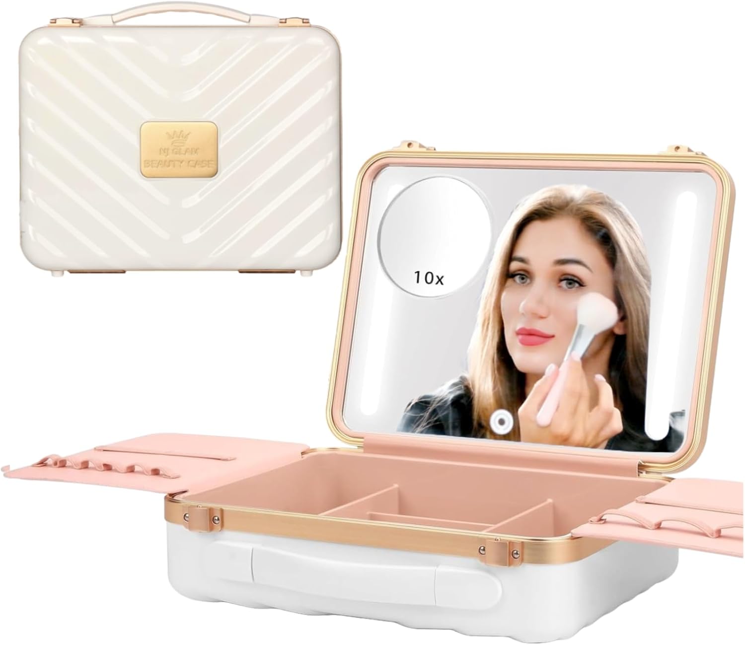 NJ GLAM Estuche de maquillaje con espejo iluminado recargable con almacenamiento inteligente, espejo de tres modos de luz, Blanco, Moderno y elegante