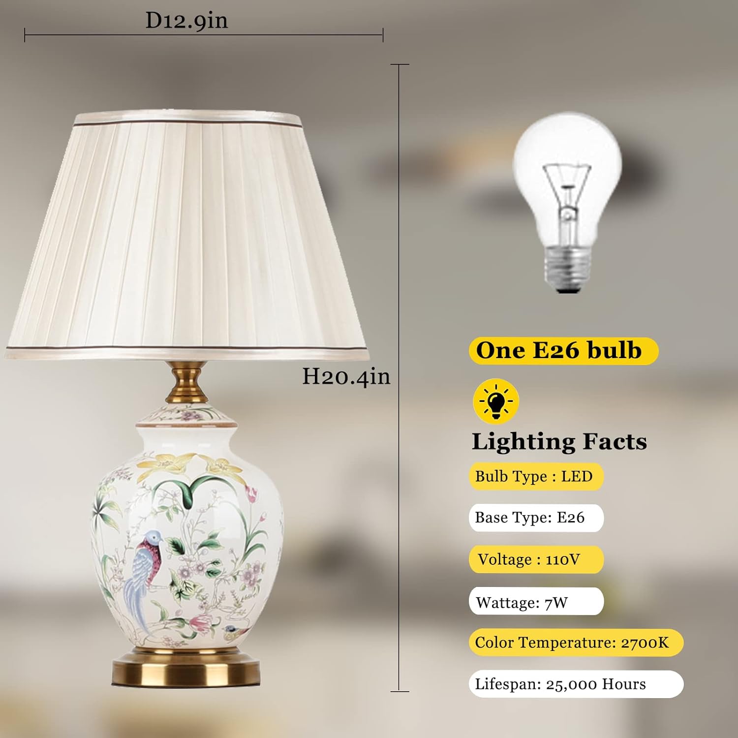 Chinoiserie – Lámpara de mesa de cerámica, lámpara de noche LED con flores americanas y pájaros, pantalla clásica de tela blanca para escritorio,