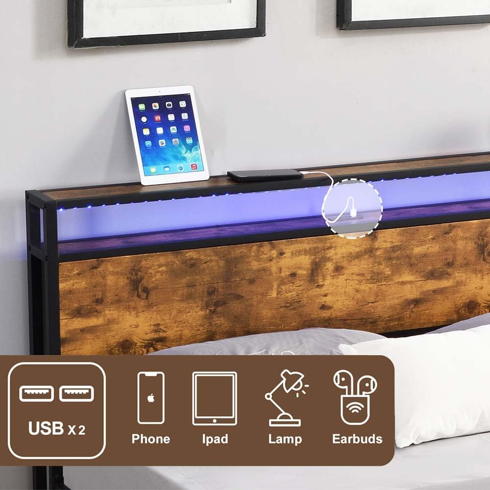 Base de cama de plataforma de metal tamaño Queen con cabecero y estribo de madera con luces USB y LED, no necesita somier, gran almacenamiento