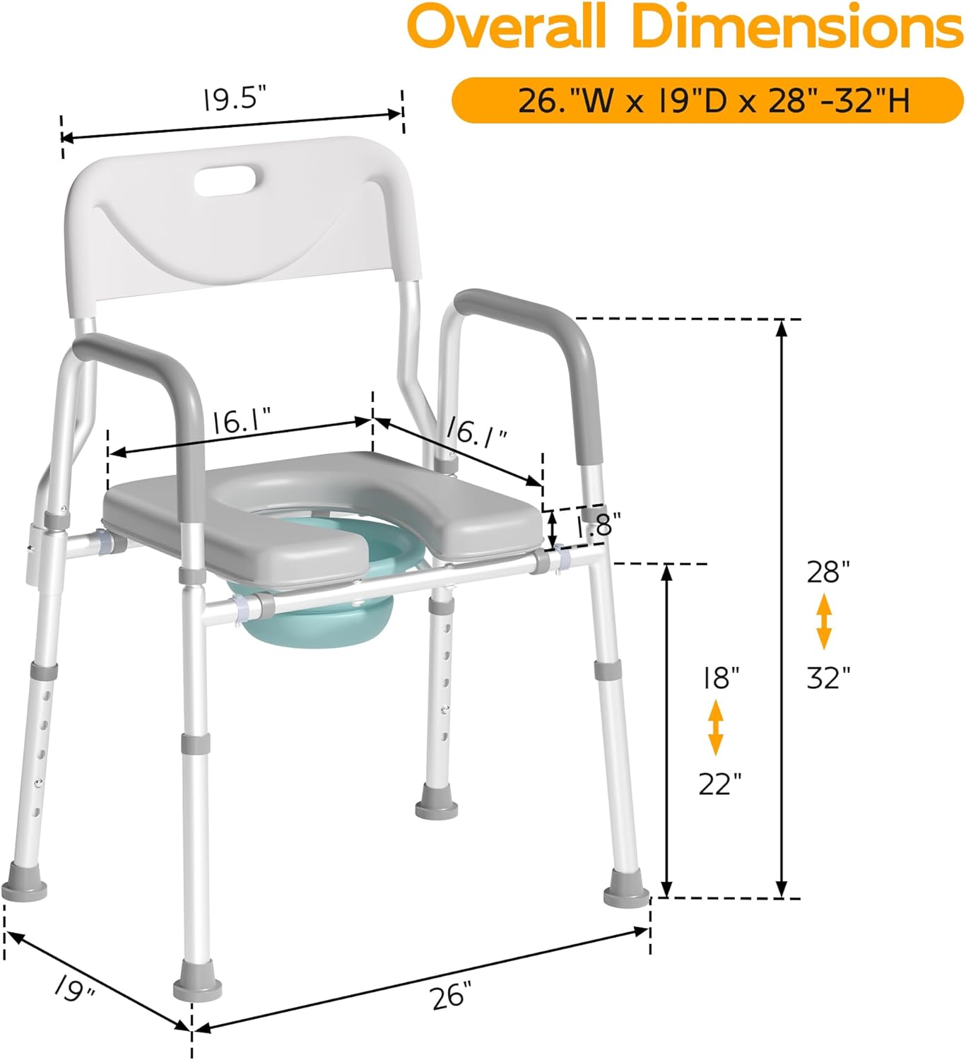 Xilingol Raised Toilet Seat with Handles and Back,350lb Bedside Commode Chair with Arms, 4-in-1 Adjustable and Portable Bathroom Chair for Adults,