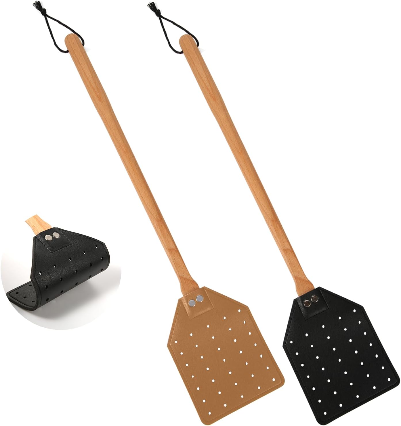 2 matamoscas de cuero para colgar, 19.5 pulgadas de largo, resistente matamoscas manual con mango de madera, atrapa avispas para interiores y