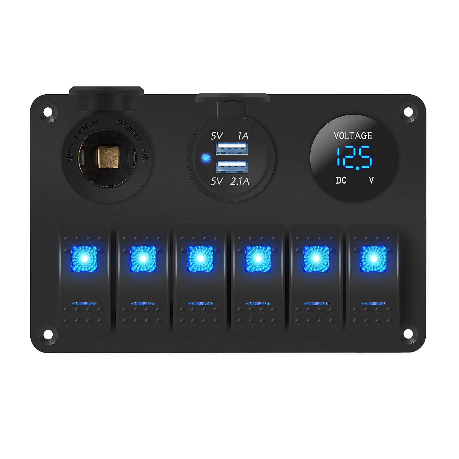 DaierTek Panel de interruptor basculante marino de 6 cuadras, 12 voltios con encendedor de cigarrillos USB, voltímetro + bloque de fusibles de 12 V,