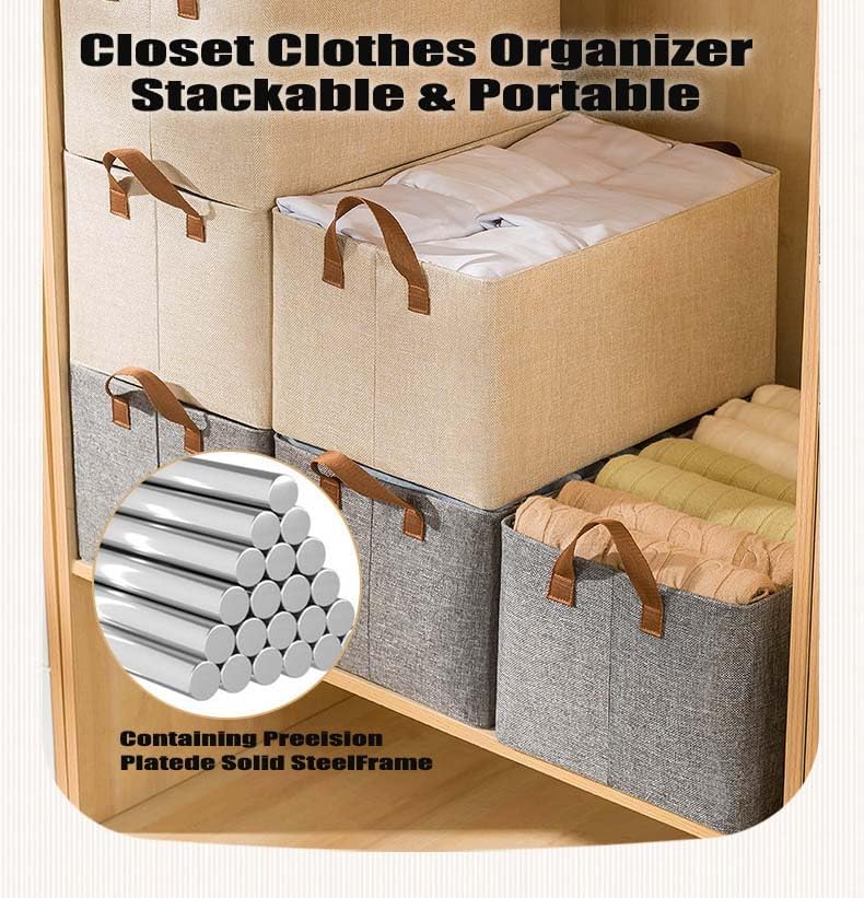 AARAINBOW 4 organizadores de ropa de armario con asa, caja de almacenamiento de tela con marco de acero, cestas de almacenamiento apilables, caja de
