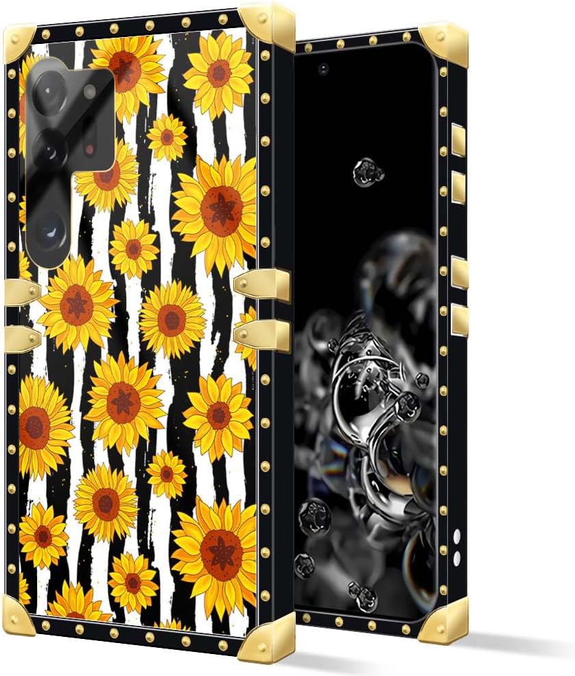 Funda compatible con Samsung Galaxy S23 Ultra, funda cuadrada de girasoles a rayas blancas y negras para niña, de metal de lujo, decorativa, suave