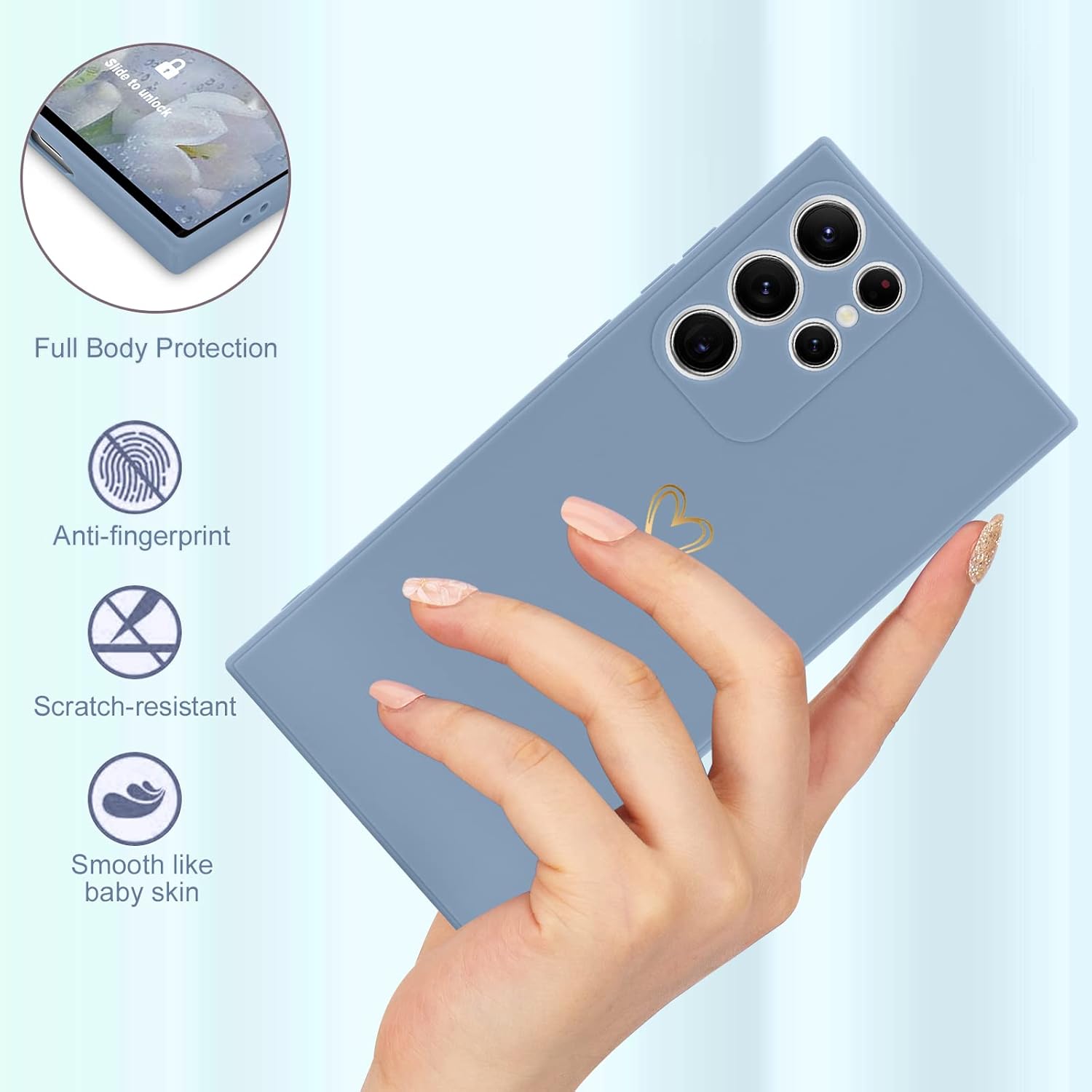 Funda para Samsung Galaxy S22 Ultra, bonita funda delgada a prueba de golpes con soporte de carga inalámbrica y protección, azul y gris