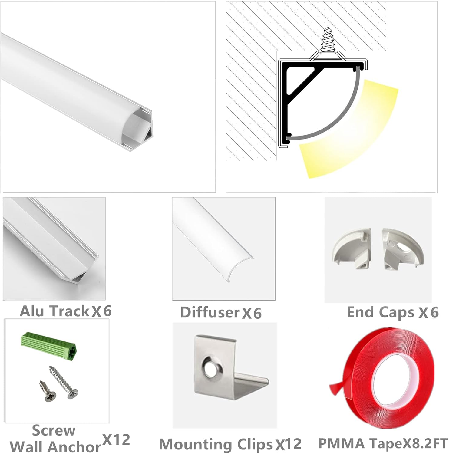 Paquete de 6 tiras LED premium en forma de V de 16 pulgadas con difusor anti UV, mejora tu iluminación para esquinas con estilo y versatilidad