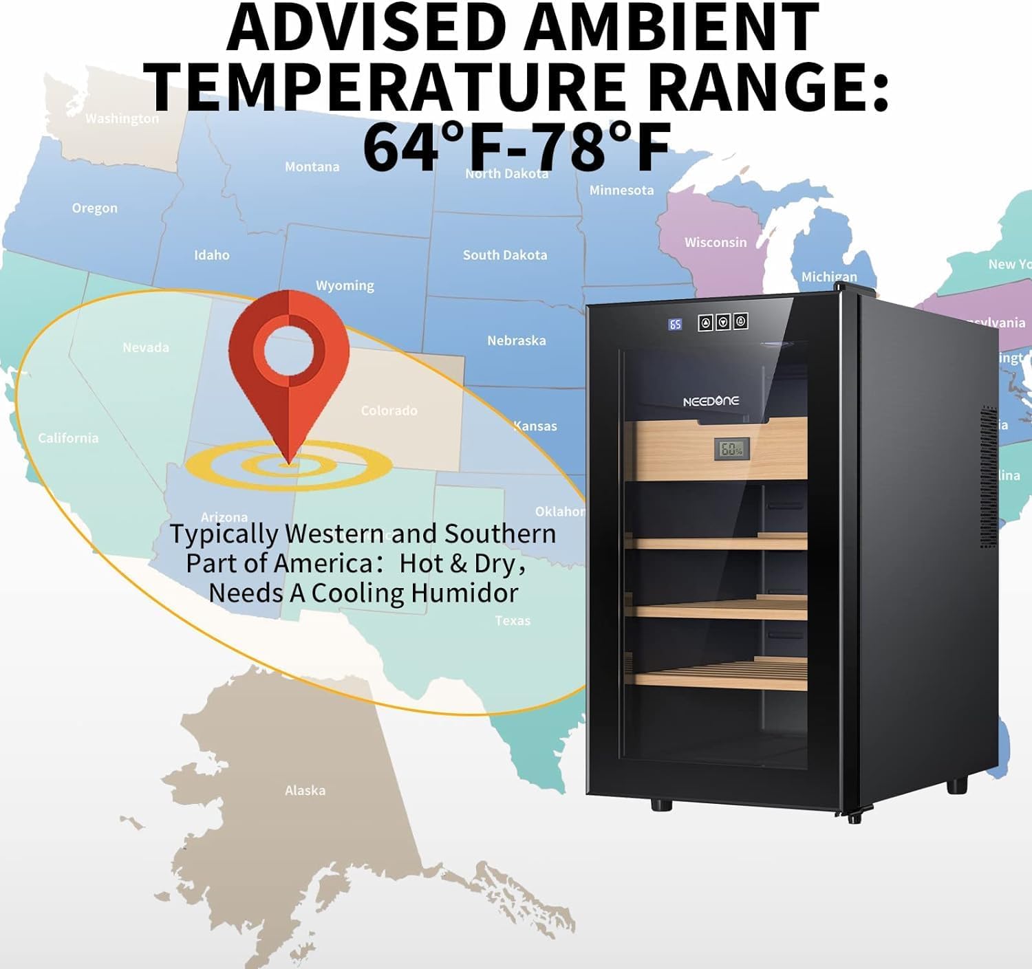 NEEDONE Humidor eléctrico de 48 L, armario grande para 300 unidades con estantes de madera de cedro español y cajón con higrómetro, funcionamiento