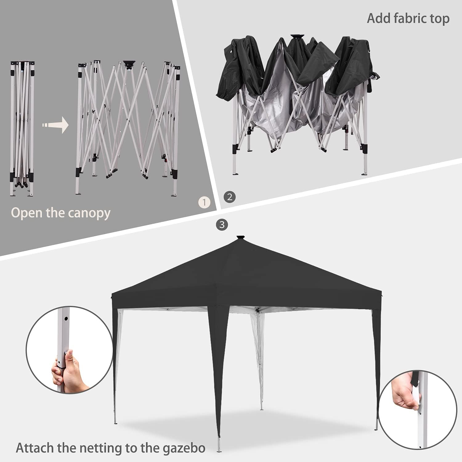 Tienda de campaña con toldo desplegable de 10 x 10 pies, luz LED, portátil, para fiestas de fiesta, color negro