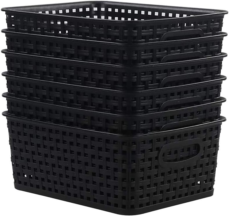 Leendines 6 paquetes de cestas pequeñas negras, cestas de almacenamiento de tejido de plástico