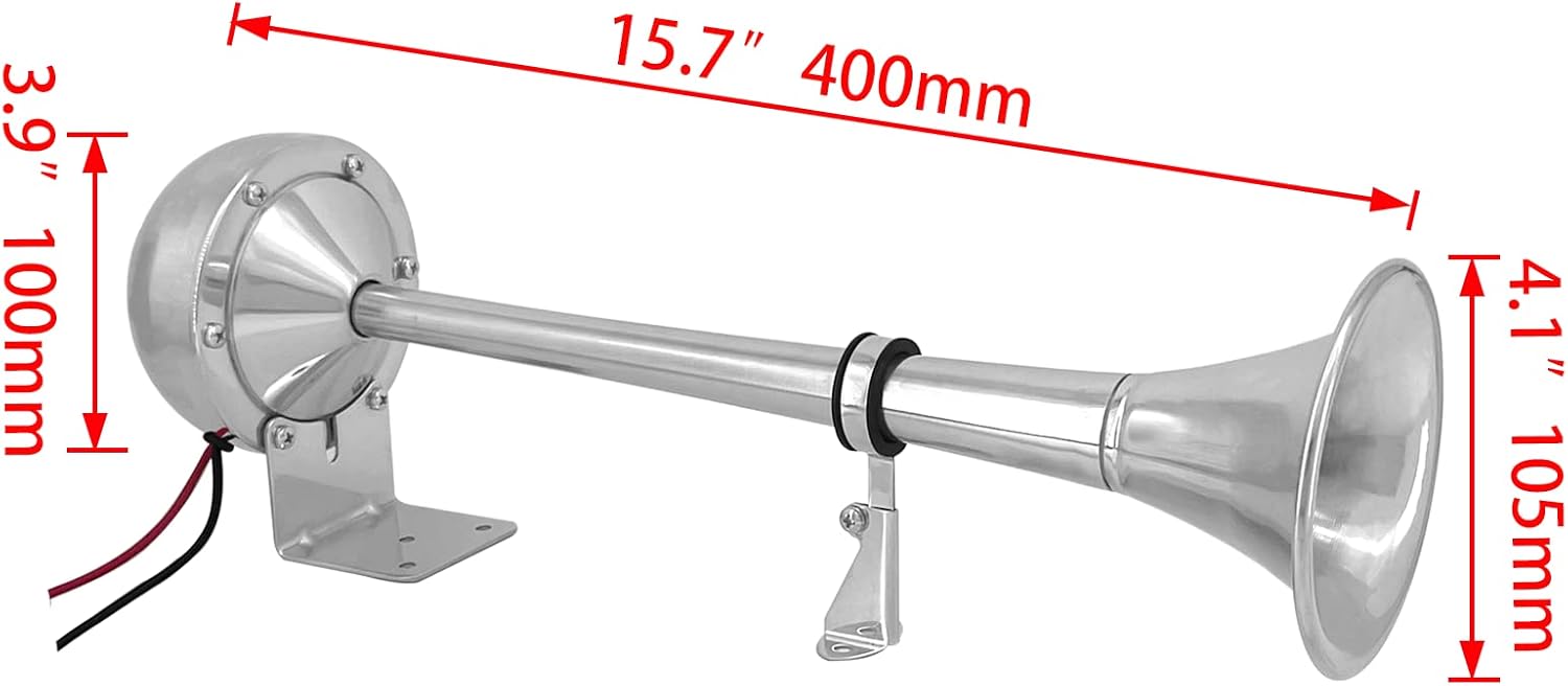 ISURE MARINE Bocina de trompeta individual de acero inoxidable de 12 V, juego completo, tono bajo, 15-34 pulgadas, bocina eléctrica impermeable para