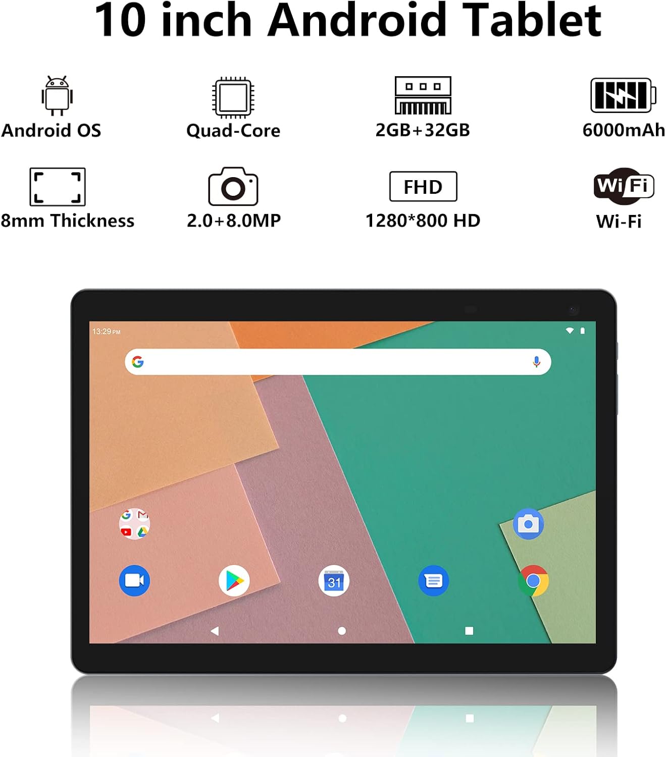 Tableta Android, tabletas de 10 pulgadas, 2 GB+32 GB, soporte para tableta de computadora de 512 GB expandir, cámara de 2 MP + 8 MP, pantalla IPS,