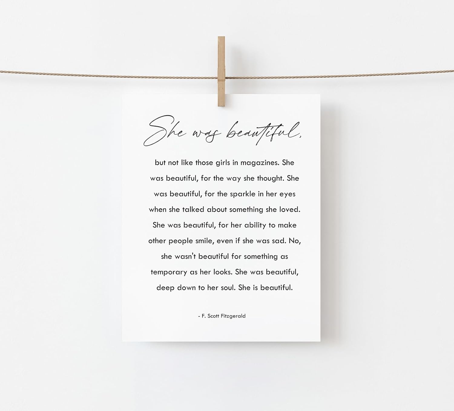 She Was Beautiful – F. Scott Fitzgerald Quote Wall Art – Encouragement Gift for Women Teen Girl Daughter Friends – Inspirational Poster- Minimalist
