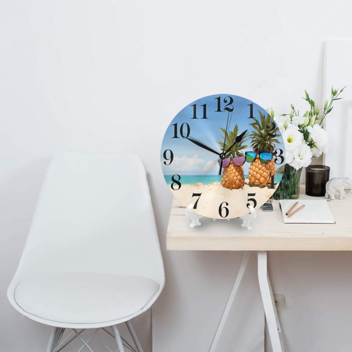 Divertidas piñas en el mar, reloj de pared de playa, funciona con pilas, reloj redondo silencioso, decoración de pared para la oficina en casa,