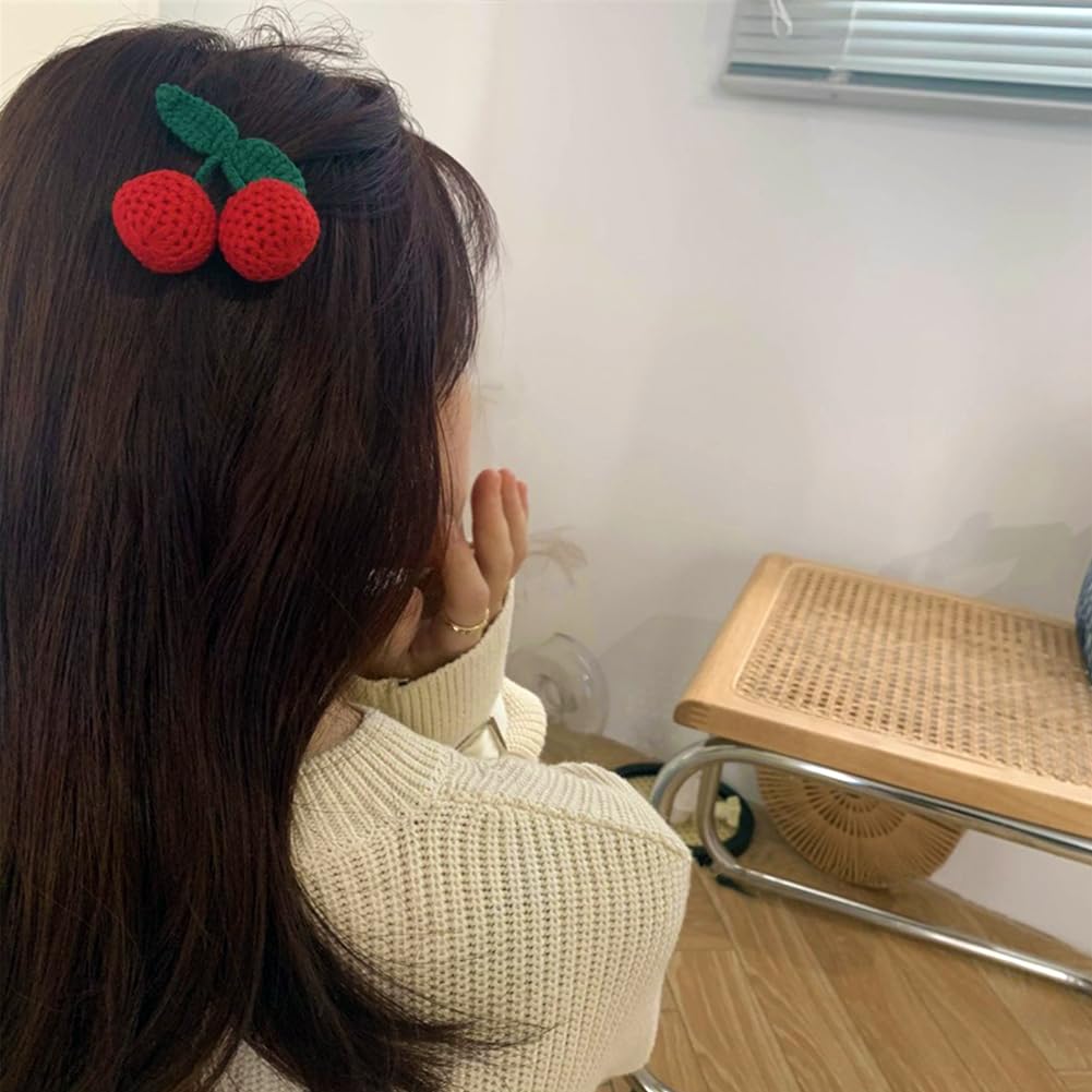 2Pcs Girls Hair Clips, Handmade Crochet Sweet Cherry Shape Hair Barrettes, Manual Knitted Cute HairPins Alligator Clip Hand-Woven Creative Hair