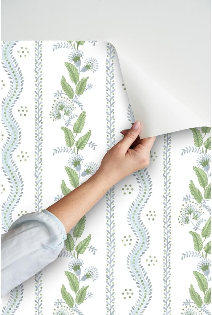 Spoonflower Papel tapiz autoadhesivo de 9 x 2 pies, papel tapiz extraíble tradicional con rayas blancas y verdes azules y verdes