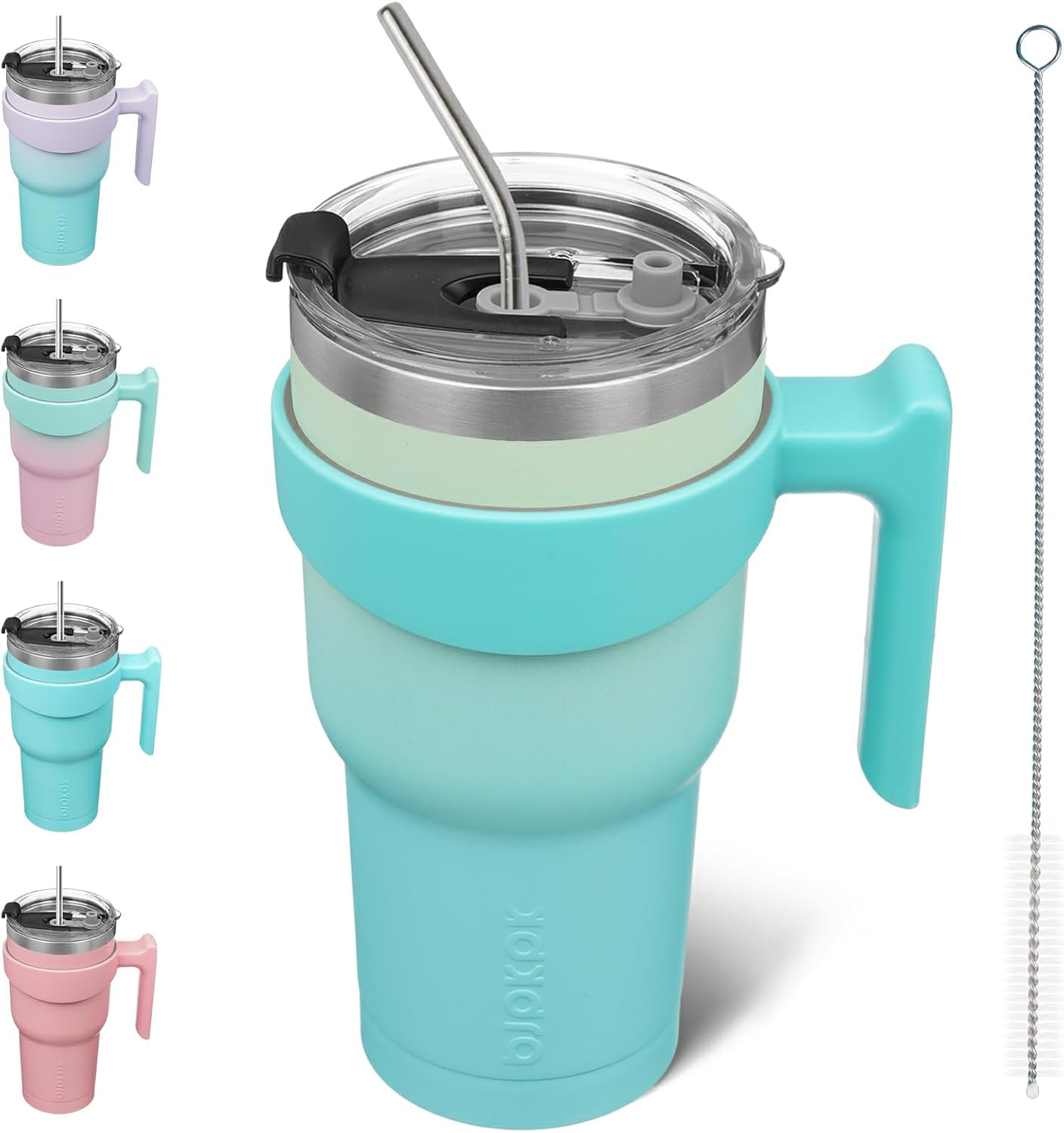 BJPKPK Vaso de 30 onzas con asa y tapa con popote, vaso aislado de acero inoxidable, para café, color menta