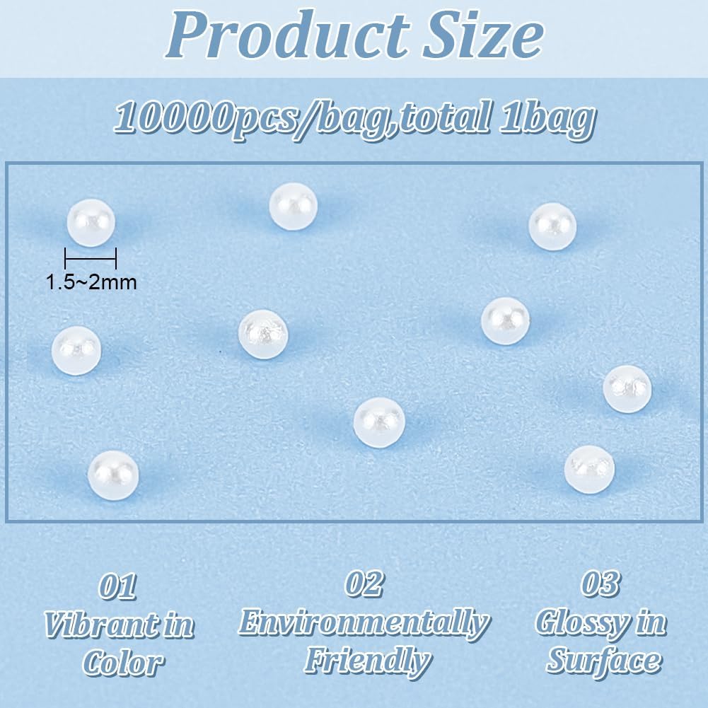OLYCRAFT 10000 cuentas de perlas blancas sin agujero de 0.069 a 0.079 pulgadas, perlas de uñas súper pequeñas, perlas acrílicas sueltas, material de