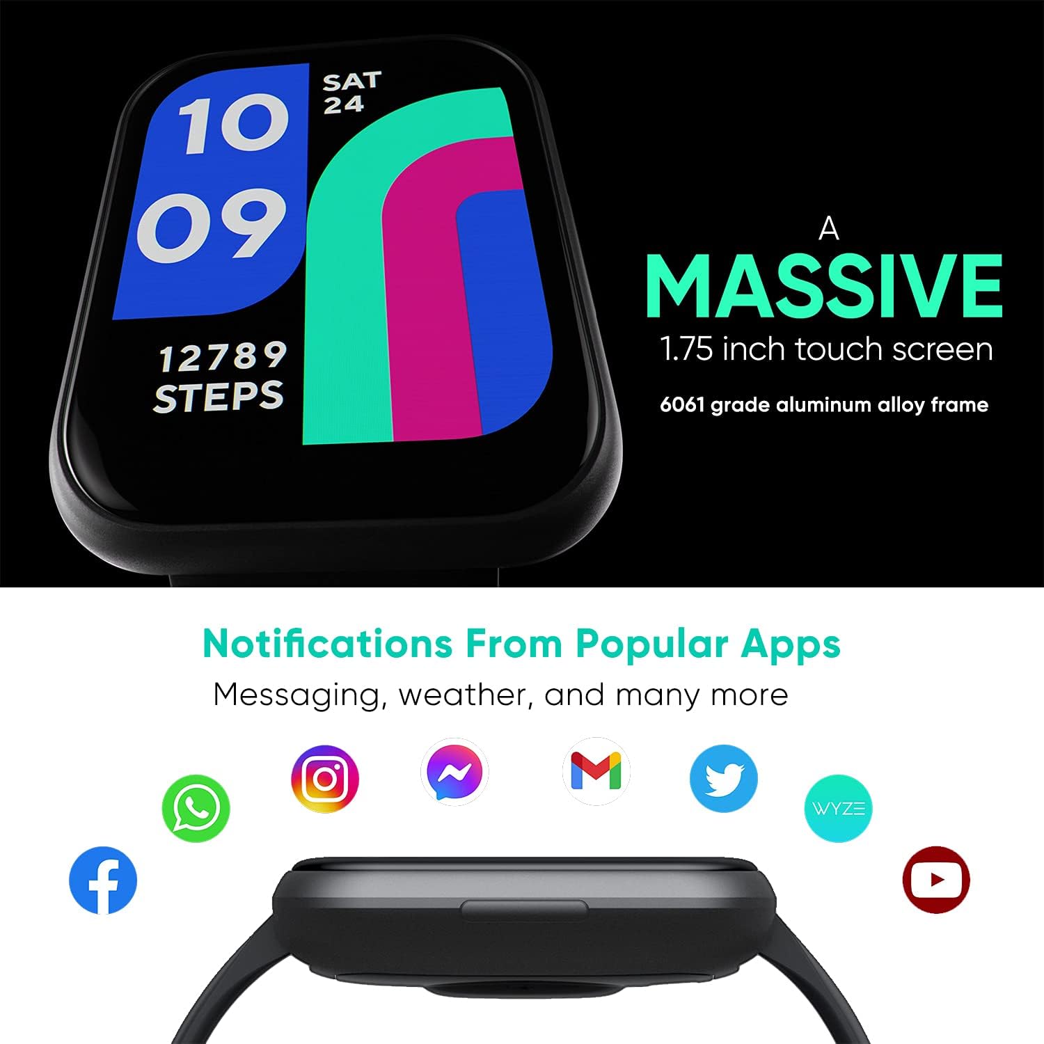 WYZE Reloj inteligente, reloj inteligente de aluminio de 1.75 pulgadas (1.850 in) para teléfonos Android y teléfonos iOS, IP68, impermeable,