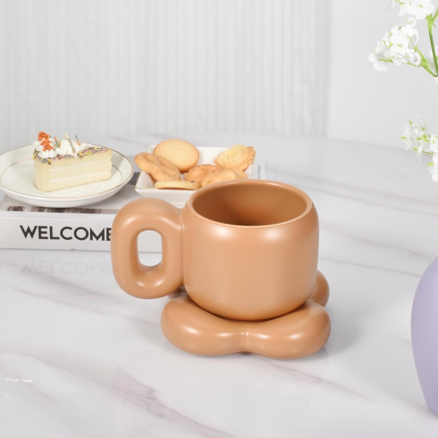 Koythin Taza de café de cerámica con platillo, bonita y creativa forma de flor con mango graso, platillo para oficina y hogar, apto para