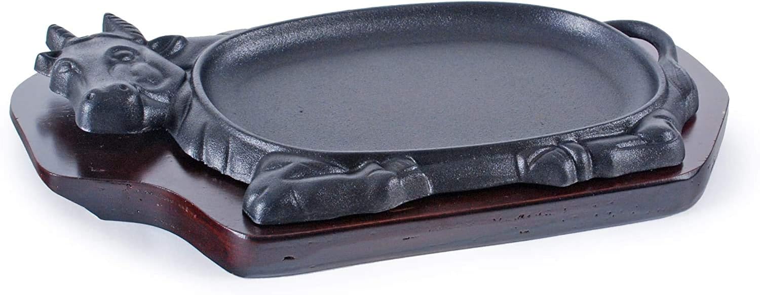 Happy Sales HSGRD-COW12 – Plancha grande de hierro fundido para carne con base de madera, sartén para carne, placa de servidor de fajita, uso