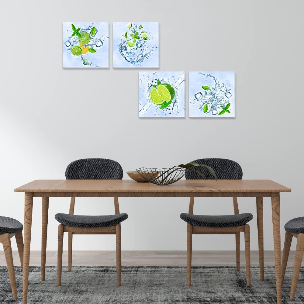 Imágenes verdes de cocina con frutas para decoración de pared, hojas de limón y menta, impresiones en lienzo, pinturas de hielo, arte de pared para