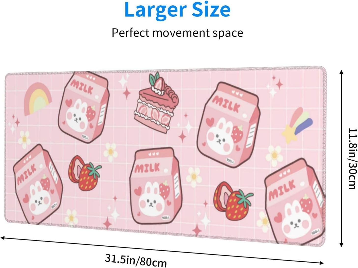 Alfombrilla de mouse Kawaii rosa con diseño de conejito de fresa de 11.8 x 31.5 pulgadas, accesorios de escritorio, base de goma antideslizante