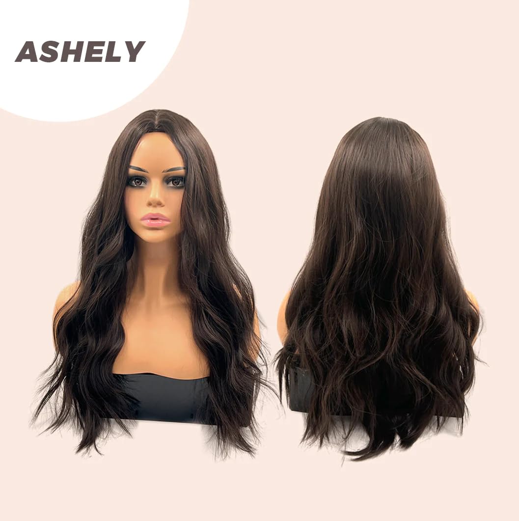 ASHELY – Peluca rizada de color marrón oscuro, pelucas sin pegamento para mujer, pelucas de cabello largo sintético natural para uso diario (pelucas