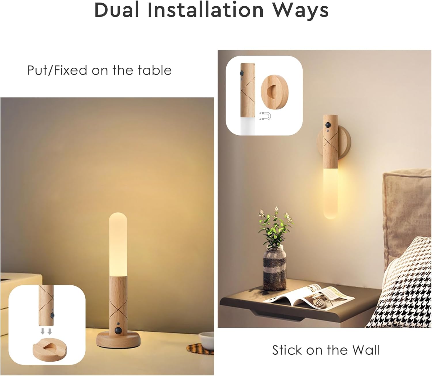 Juego de dos apliques de pared a pilas, sensor de movimiento, luz nocturna, cuerpo magnético, luces de pared recargables a pilas, luces de pared