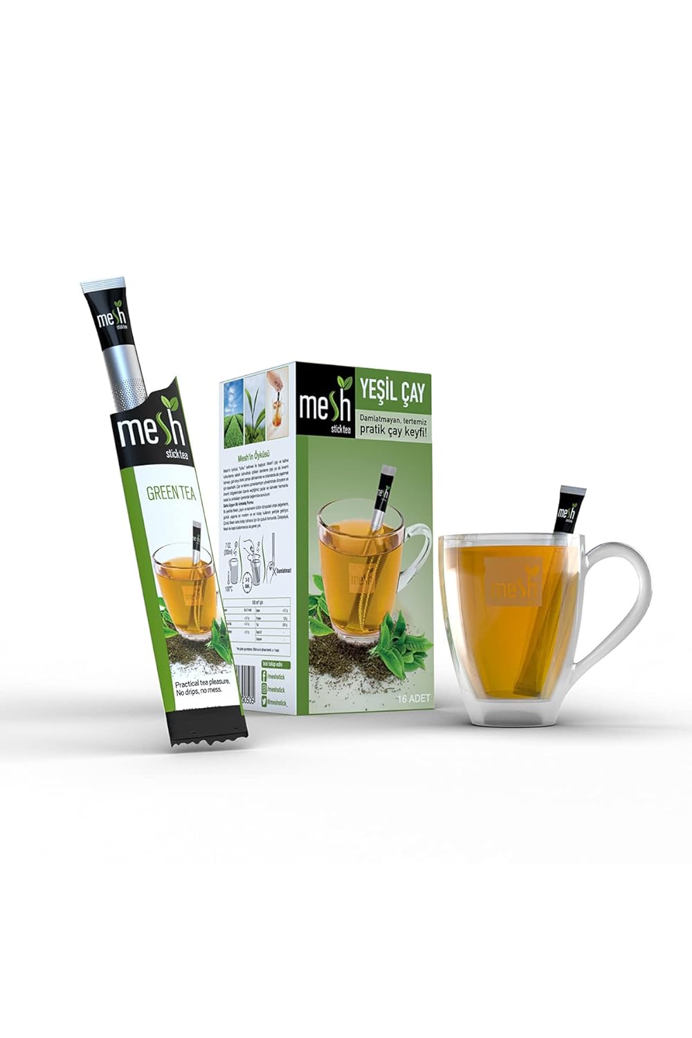 Mesh Green Stick Tea  16 Sticks  Premium Instant Tea  No Artificial Colors or Flavors, No Messy Tea Bags, No Drips and No Spoon Needed
