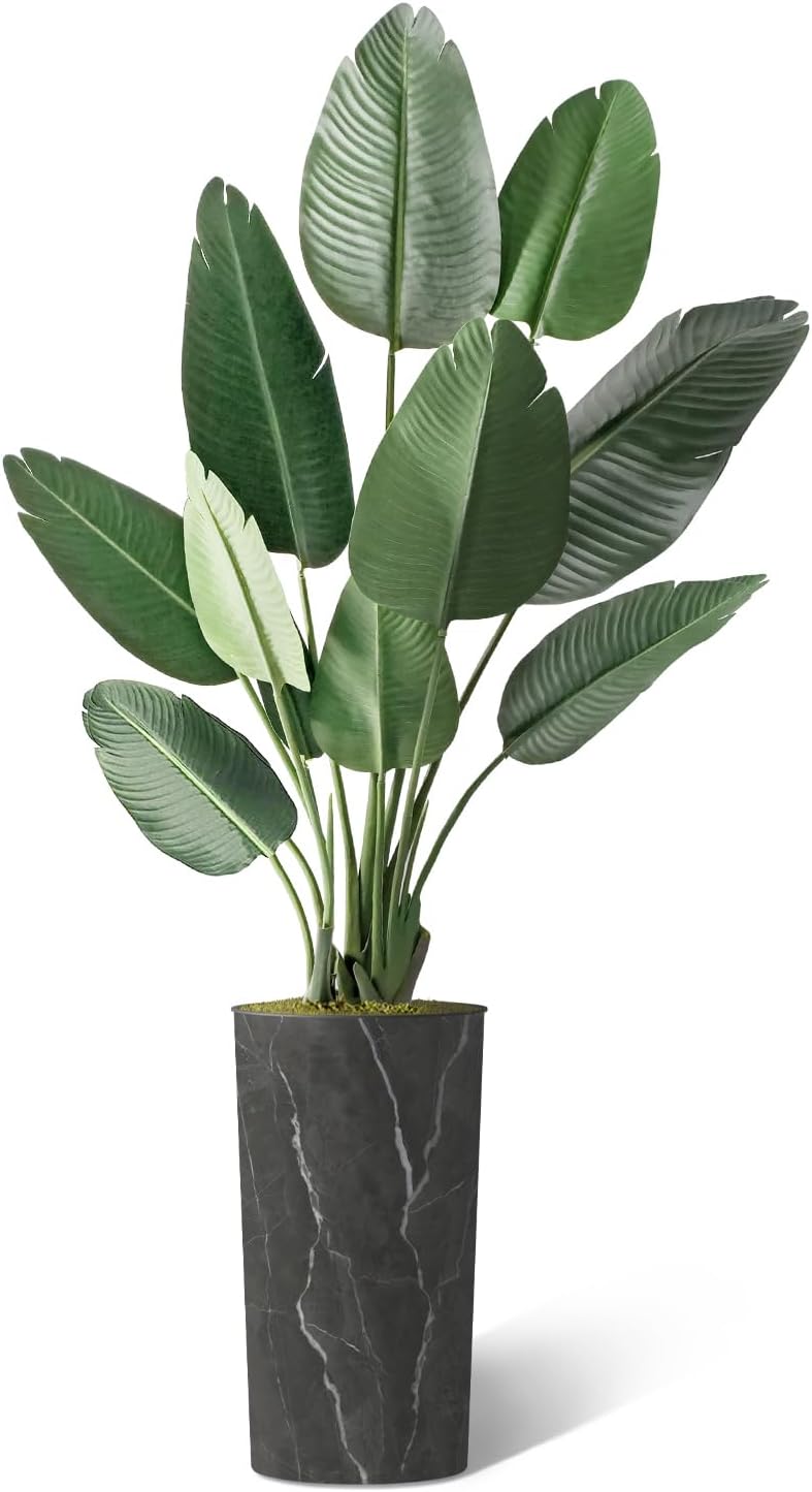 Árbol artificial en macetero con efecto de granito moderno, ave del paraíso artificial de seda para decoración del hogar en interiores y exteriores,
