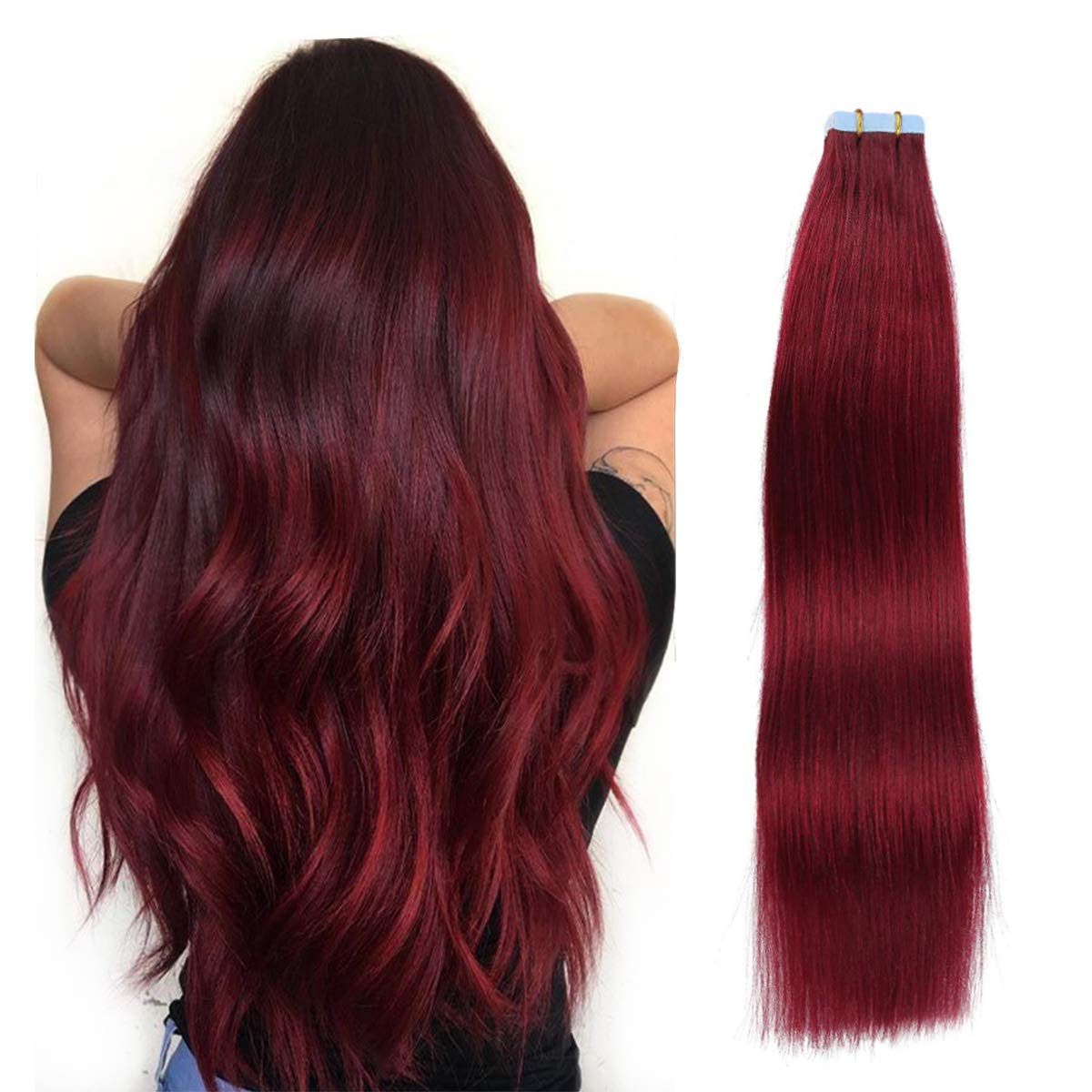 SUYYA – Extensiones de cabello adhesivas de color borgoña cabello humano 100 % real extensiones de cabello adhesivas, invisibles, lacias y sin
