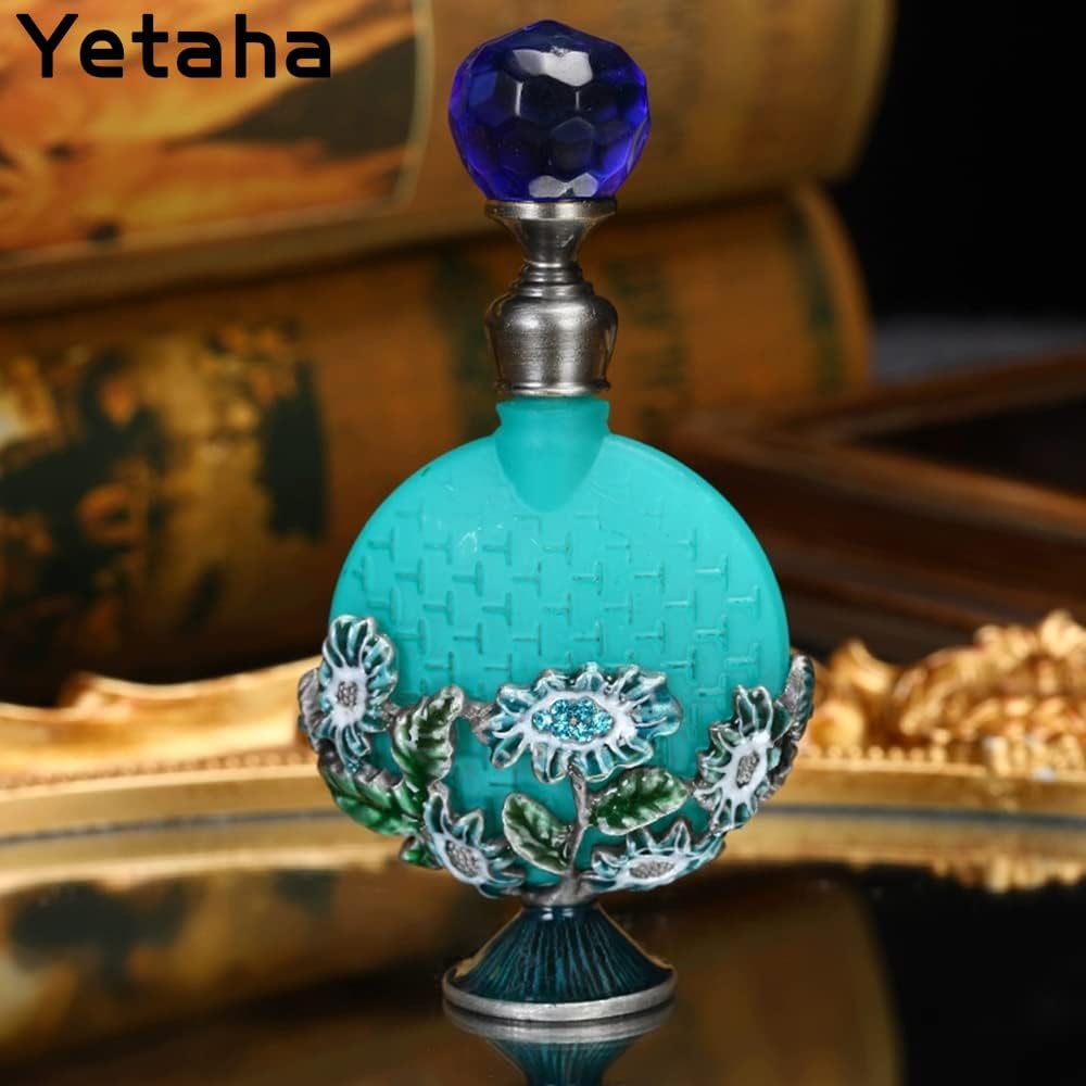 Yetaha Botellas de perfume vacías recargables vintage, botella de perfume de cristal de lujo, botella de aceite esencial con flores decorativas para