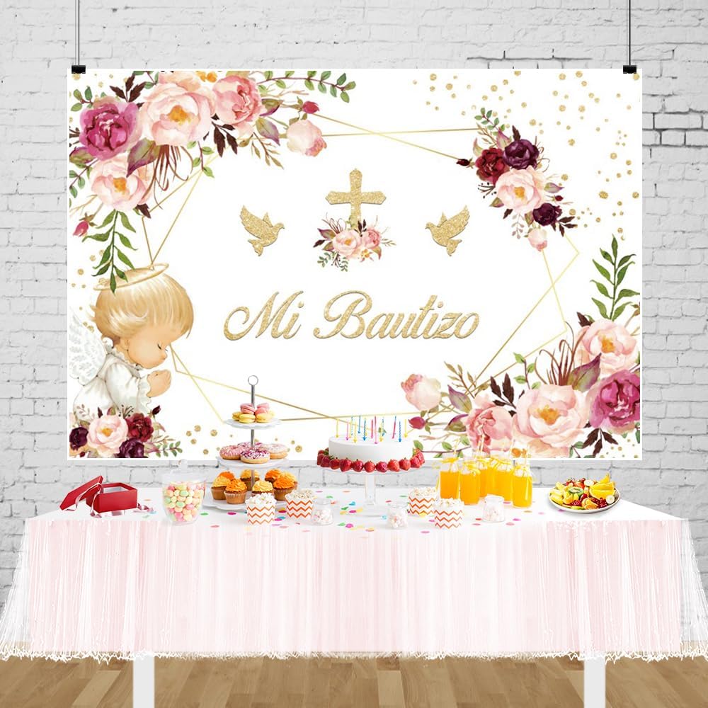 Mi Bautizo – Telón de fondo de bautismo para fotografía de vinilo de 10 x 8 pies, decoración de fiesta de la primera comunión, telón de fondo de