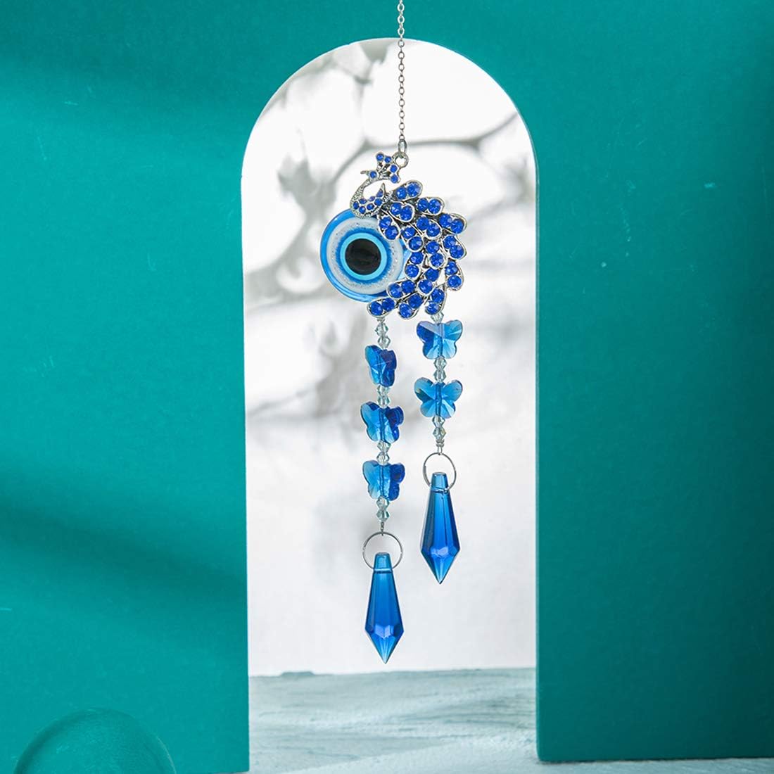 Colgante colgante de cristal azul pavo real con protección contra el mal de ojo, regalo