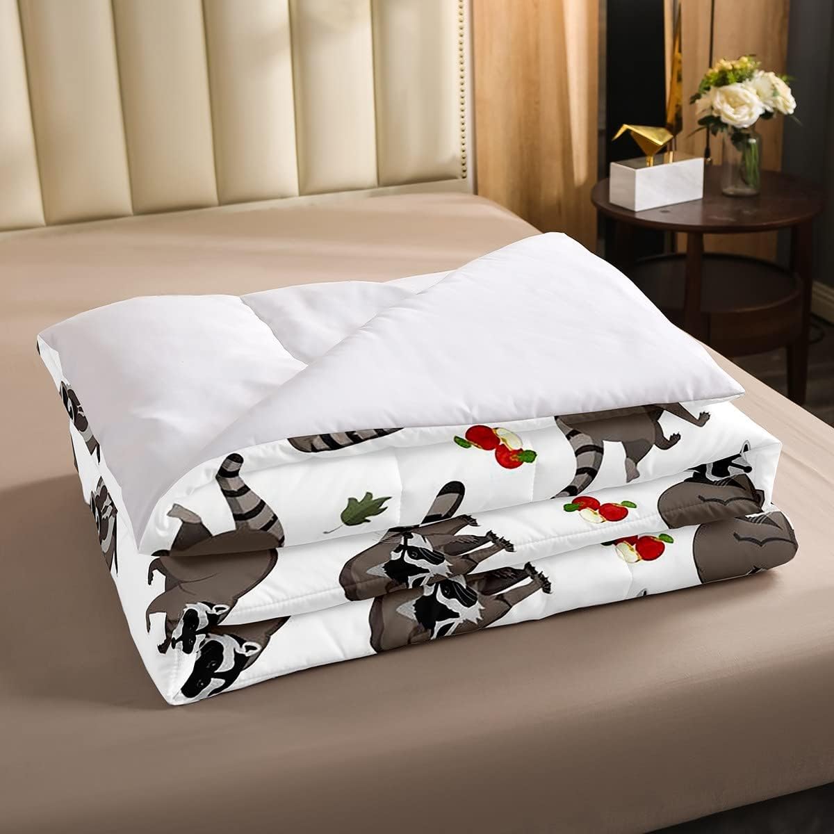 Feelyou Juego de edredón de mapaches lindos de dibujos animados para niños y niñas, bonito juego de ropa de cama con decoración de hojas de manzana,