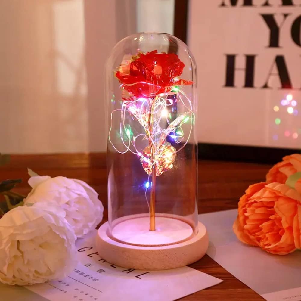 Colibri – Rosa dorada de 24 quilates en cúpula de cristal, regalos del día de San Valentín y el día de la madre, aniversario de boda, lámpara LED de