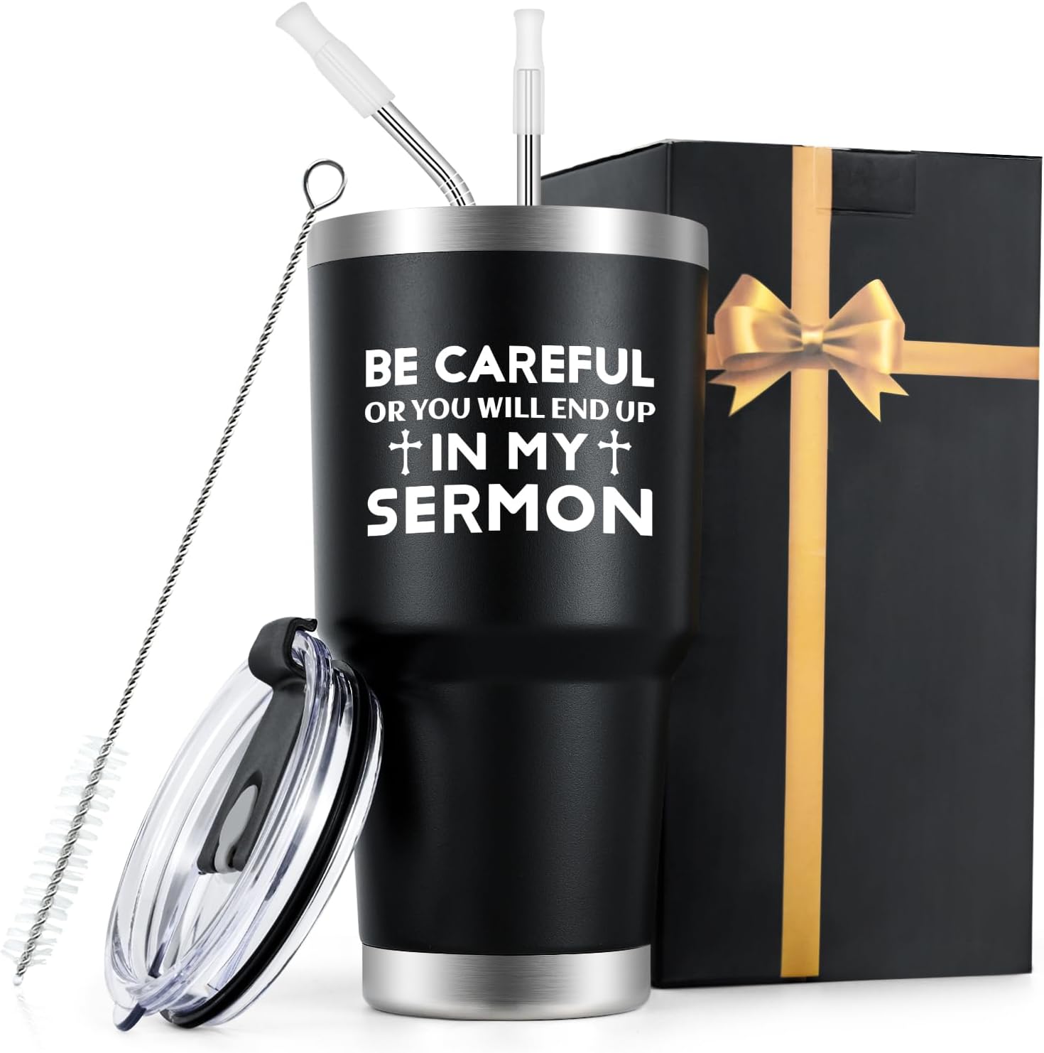 Qtencas Regalos de agradecimiento para pastores, Be Careful or You Will End Up In My Sermon – Vaso de viaje de acero inoxidable, regalos para