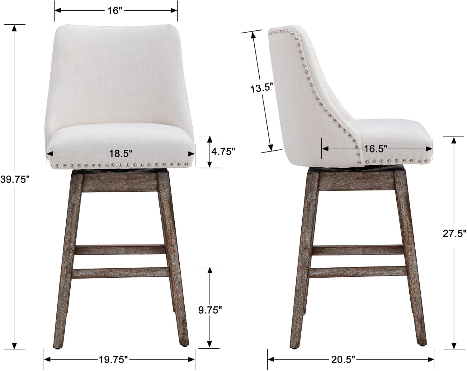DM Furniture Taburetes de bar de 27.5 pulgadas de altura de mostrador, taburetes de cocina modernos de lino con patas traseras de madera, taburetes