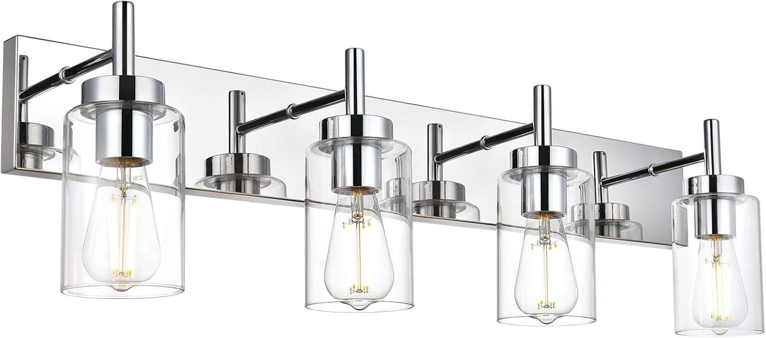 VINLUZ Iluminación de baño moderna con pantalla de vidrio transparente Lámparas de tocador de 4 luces Apliques industriales de pared con acabado