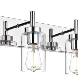 VINLUZ Iluminación de baño moderna con pantalla de vidrio transparente Lámparas de tocador de 4 luces Apliques industriales de pared con acabado VINLUZ Iluminación de baño moderna con pantalla de vidrio transparente Lámparas de tocador de 4 luces Apliques industriales de pared con acabado